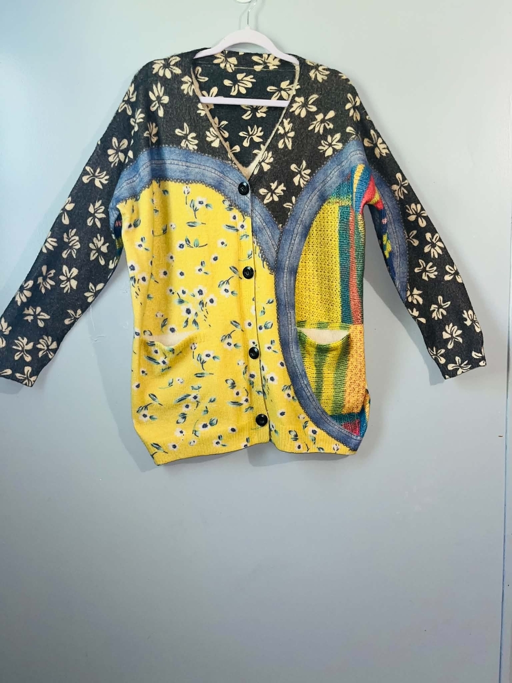 Colorful Patchwork Floral Cardigan - Yellow & Black